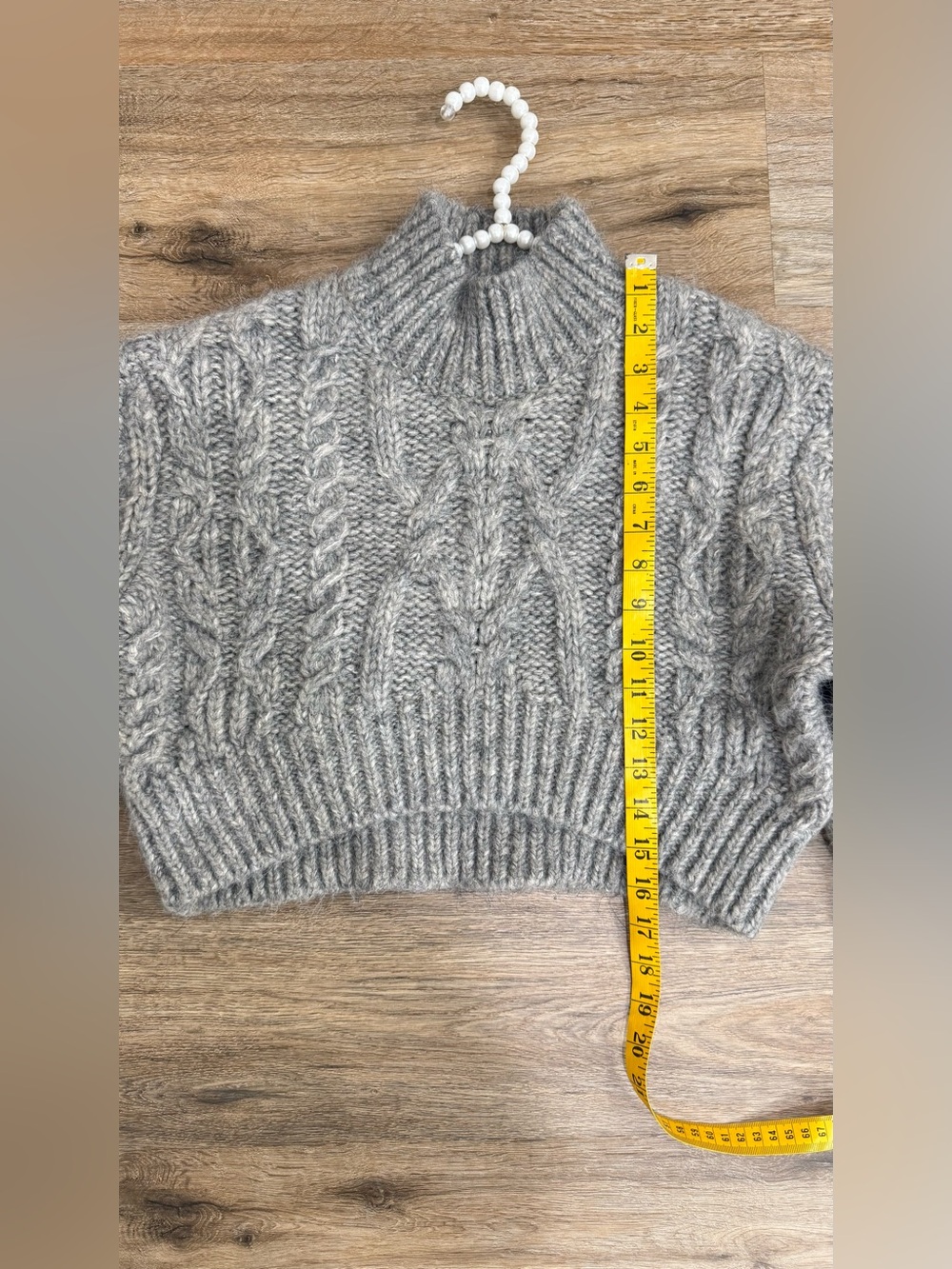 Zara Gray Chunky Cable Knit Cropped Sweater М Balloon Sleeve Wool Blend - Picture 7 of 9